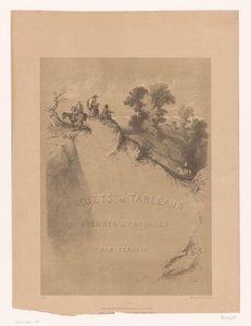 Kaya manzarası ve bir vadi boyunca gezginlerle birlikte başlık baskısı Férogio'nun peyzaj ve figür çalışmaları (seri başlığı) Projets de tableaux de Figures et paysages, par Férogio (nesne üzerinde dizi başlığı)
