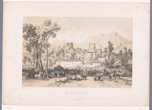 Bir vadide sığır pazarı olan bir köyün görünümü Le Marché aux Bestiaux (nesnedeki başlık) by Fortuné Ferogio