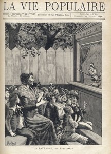 Bir grup çocuğun ortasında bir kadın, bir kukla gösterisini (Guignol) alkışlıyor. Paul Arene (1843-1896) tarafından “Köylü” için Montegut tarafından Fortune Meaulle çizimi. “La vie populaire”de gravür” by Fortune Louis Meaulle