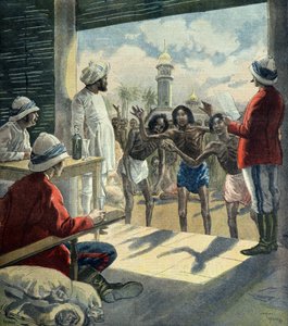 Hindular 1896 - 1897 yıllarındaki büyük kıtlık sırasında yardım için İngilizlere geliyor (Gravür) by Fortune Louis Meaulle