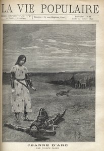 Silahlı şövalyeler birliğinin önünde, zırhlı Joan of Arc, başı çıplak, üzüntüyle bakıyor cesedin yerde yatan ölü bir şövalye, başı bir kan birikintisi içinde. Bernard Borione (1865-20. yüzyıl), Joan of Arc için Joseph F. by Fortune Louis Meaulle