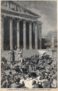 Evrensel Oy Hakkı ve Tapınaktan tüccarları kovalayan Cumhuriyet - Panama olayının ardından alegori - Henri Meyer tarafından Meaulle tarafından gravür by Fortune Louis Meaulle