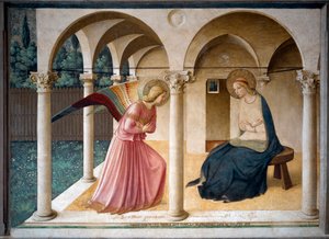 Duyuru. Fra Angelico veya il Beato (1400-1455) olarak bilinen Guido di Pietro (veya Fra Giovanni da Fiesole) tarafından yapılan fresk. 1442 230 cm x 321 cm San Marco Müzesi, Floransa.