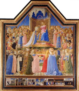 Bakirenin Taç Giymesi, c.1430-32 (panelde mizaç) - “” Bakirenin Taç Giymesi”” Guido di Pietro (veya Fra Giovanni da Fiesole) tarafından yapılan resim, Fra Angelico ou il Beato (1387-1455) 15. yüzyıl Güneş. 2,09x2,06 m Paris, Louvre Müzesi.