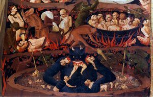 Son Yargı: Yeraltı Dünyasının detayı. Cehennem çevrelerinde lanetler, iblisler tarafından işkenceler. Guido di Pietro (veya Fra Giovanni da Fiesole) tarafından ahşap üzerine bir detrempe detayı, dit Fra Angelico veya il Beato (1387-1455)