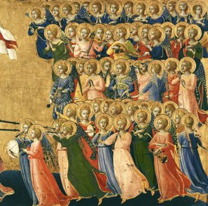 Cennetin Avlusunda Yüceltilmiş Mesih, sağ taraftan müzikal meleklerin detayı, 1419-35 (panelde tempera) (4052 detayı) by Fra Angelico