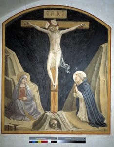 Bakire Meryem ve Aziz Dominic ile çarmıha germe. 1442 çarmıhta "INRI" yazısı by Fra Angelico