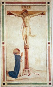 Aziz Dominic ile çarmıha germe. Haç üzerinde ""INRI"" yazısı. Guido di Pietro tarafından fresk by Fra Angelico