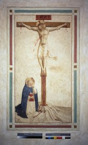 Aziz Dominic ile çarmıha germe. Haç üzerinde ""INRI"" yazısı. Guido di Pietro tarafından fresk by Fra Angelico