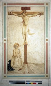 Aziz Dominic ile çarmıha germe. Haç üzerinde ""INRI"" yazısı. Guido di Pietro tarafından fresk by Fra Angelico