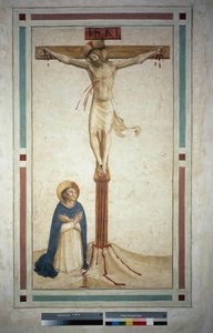 Aziz Dominic ile çarmıha germe. Haç üzerinde ""INRI"" yazısı. Guido di Pietro tarafından fresk by Fra Angelico