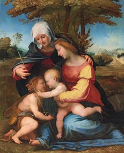 Aziz Elizabeth ve bebek Vaftizci Yahya ile bir manzarada Madonna ve Çocuk, 1516