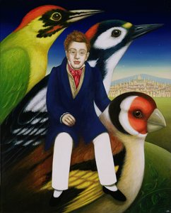Schubert ve kuşların dili, 2000 (panelde yağ ve tempera) by Frances Broomfield