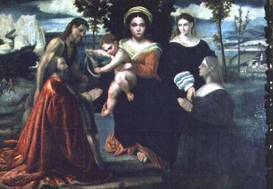 Madonna ve Çocuk, azizler ve bağışçılarla taçlandı by Francesco Torbido