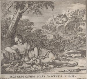 Latona ve uyuyan ikizleri Apollo ve Diana, bir manzara içinde, 1705. by Francesco Antonio Meloni