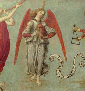 Gayda çalan melek, c.1475-97 tempera, 64871 panel detayında, ayrıca bkz. 64873 ve 64874