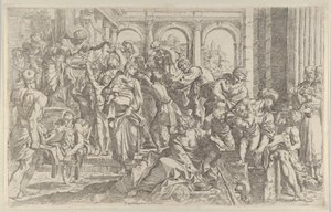 Aziz Roch solda, etrafında toplanan bir grup insana sadaka dağıtıyor, af..., yakl. 1590-1600.