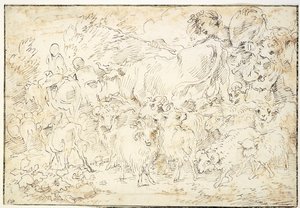 Keçi, koyun, inek ve çoban köpeği olan çobanlar by Francesco Castiglione
