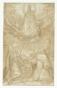 Bir pelerin ve ağır zincirlerle süslenmiş, çocuklu taçlı bir Madonna, bulutlarda, melekler ve meleklerle çevrili, diz çökmüş iki azize kendini gösterir; biri şehit olan asker, diğeri din adamı (Hyacintus?). Bir melek bir kemer ya da bir yazı verir by Francesco Francia