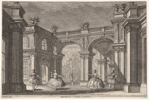 Süslü bir mimari ortamda dans eden iki hanımefendi ve iki beyefendi, bir çeşme..., 1765.