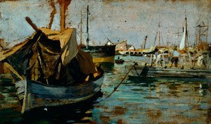 Francesco Gioli (1846-1922) tarafından Livorno limanında (Leghorn) iş başında, panel üzerine yağlı boya, 22x38 cm