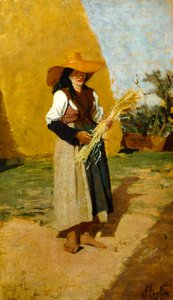 Francesco Gioli (1846-1922), Gleaner çalışması (dişi saha görevlisi), panel üzerine yağlı boya, 32x19 cm