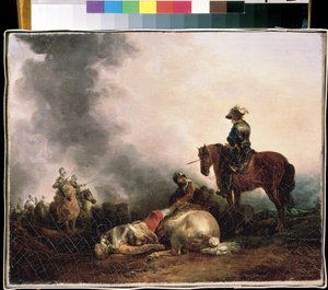""Savaştan sonra"" (Savaştan sonra) Savaş alegorisi, bir savaşçı öldürür. Tablo Francesco Giuseppe Casanova (1727-1802) Mikhail Kroshitsky Sanat Müzesi, Sivastopol (Sivastopol) Ukrayna