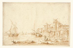 Kıyısında Bir Kale Bulunan Venedik Lagününün Hayali Bir Görünümü by Francesco Guardi