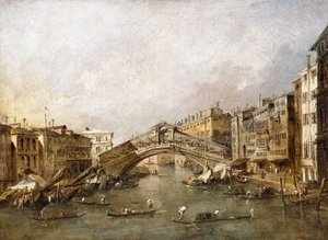 Gondollar ön planda olan Rialto Köprüsü, Venedik, by Francesco Guardi