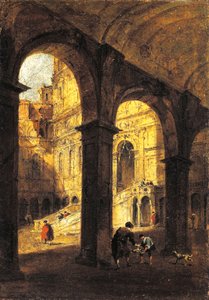 Palazzo Ducale ve Dev Merdiveni'nin (Scala dei Giganti) avlusunun görünümü, Venedik, yaklaşık 1780, Francesco Guardi (1712-1793), tuval üzerine yağlı boya, 26x39 cm. by Francesco Guardi