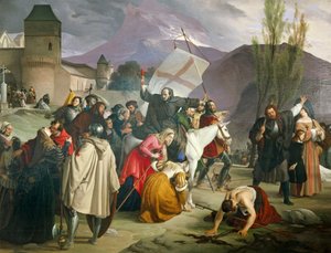 Peter Hermit elinde haçla beyaz katıra biniyor ve Haçlı Seferi vaaz ederek şehirler ve köyler arasında dolaşıyor by Francesco Hayez