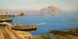Marina, tekne ve balıkçılar, Francesco Lojacono (1838-1915), tuval üzerine yağlıboya, 61x118 cm by Francesco Lojacono