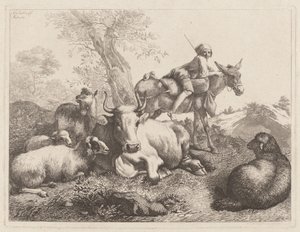 Bir grup hayvanı izleyen eşeğin üzerinde çocuk by Francesco Londonio