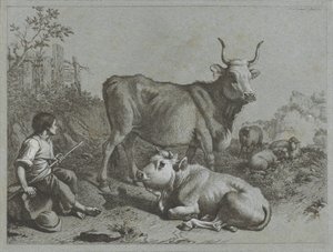 İki öküz ve üç koyun ile çoban çocuk Çoban sahneleri (dizi adı) by Francesco Londonio