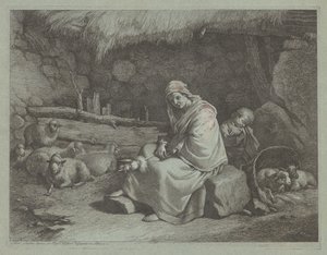 Oturan Spinner ve Uyuyan Çocuklu Bir Ahırın İçi by Francesco Londonio