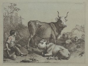Boğa ve Bullock ile Oturan Çoban by Francesco Londonio