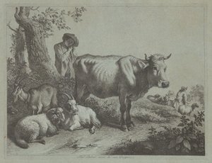 Ayakta İnek ve Sürüsüyle Çoban Çocuk by Francesco Londonio