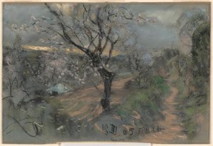 Bulutlu Bir Gökyüzü Altında Çiçek Açan Kiraz Ağaçları Olan Bir Yamaç Yolu by Francesco Paolo Michetti