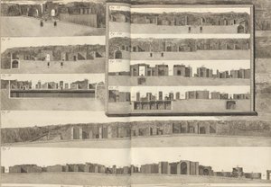 Pom..., 1804 planında gösterilen yapıların farklı yönlerini gösteren kesitler. by Francesco Piranesi