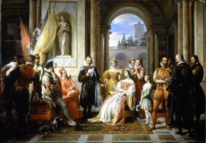 Torquato Tasso (Le Muche), Ferrara sarayında Kudüs teslimini (kurtarılmış Kudüs) okuyor. Francesco Podesti