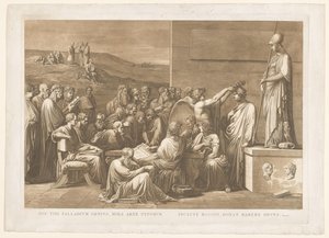Allegorische verheerlijking van de boekdrukker Giovanni Battista Bodoni Bu deha paladyumu, harika tip sanatı / ünlü Bodoni, size onur verir (nesne üzerindeki başlık)