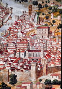 Pianta della Catena Haritanın zincir şeklindeki çerçevesi nedeniyle “Catena” olarak adlandırılan Floransa şehrinin haritasının detayı. Francesco di Lorenzo Rosselli (1448-1513) tarafından 1490