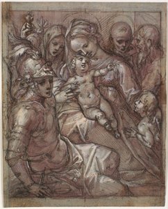 Bakire Meryem ve Çocuk İsa, çocukken Vaftizci Yahya ile, Sienalı Bernardino (?), Sienalı Kathrine, baş melek Mikail ve sakallı bir aziz