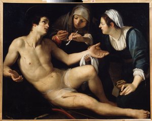 Aziz Sebastian (Aziz Sebastian). Yaralarından genç bir dul olan Saint Irene tarafından bakılıyor. Francesco Rustici