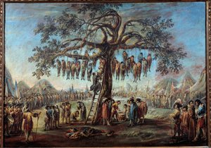 Asılan ağaç Bir ağaca asılarak işkence edilecek hükümlüleri temsil eden ürkütücü bir gösteri. Jacques Callot