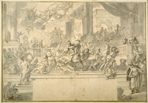Tapınaktan sürülen Heliodorus (kağıt üzerinde tebeşir üzerine yıkamalı kalem ve mürekkep) by Francesco Solimena