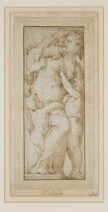 Bir Kadın ve Putti Çalışması (mürekkep ve yıkama) by Francesco de Rossi (follower of) Salviati