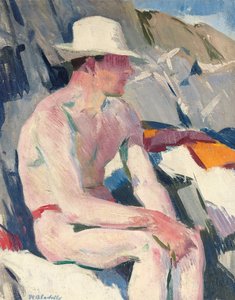 Beyaz şapkalı yüzücü (panelde yağ) by Francis Campbell Boileau Cadell
