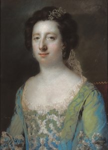 Hon portresi. Bayan Bridget Gunning, yarım boy, fırfırlı mavi bir elbise içinde, 1758 by Francis Cotes
