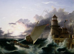 Deniz Fenerinin Yanındaki Tekne, Başlayan Bir Fırtına (tuval üzerine yağlı boya) by Francis Danby